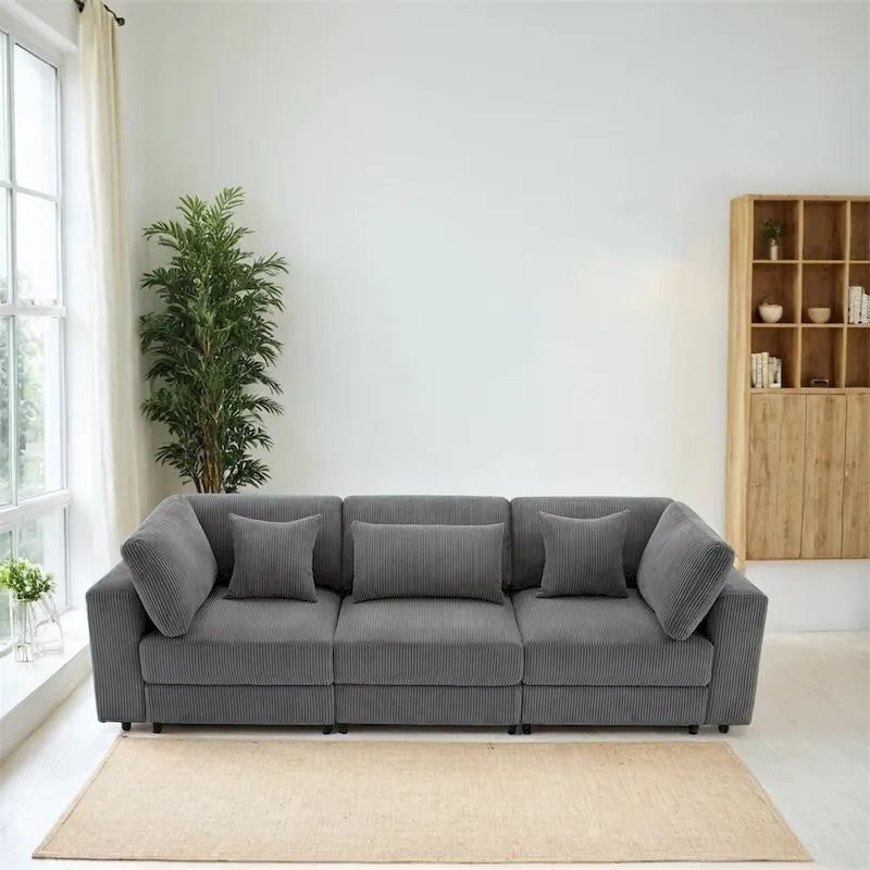 105" Corduroy 3-Seater Sofa with Removable Cushions and Throw Pillows