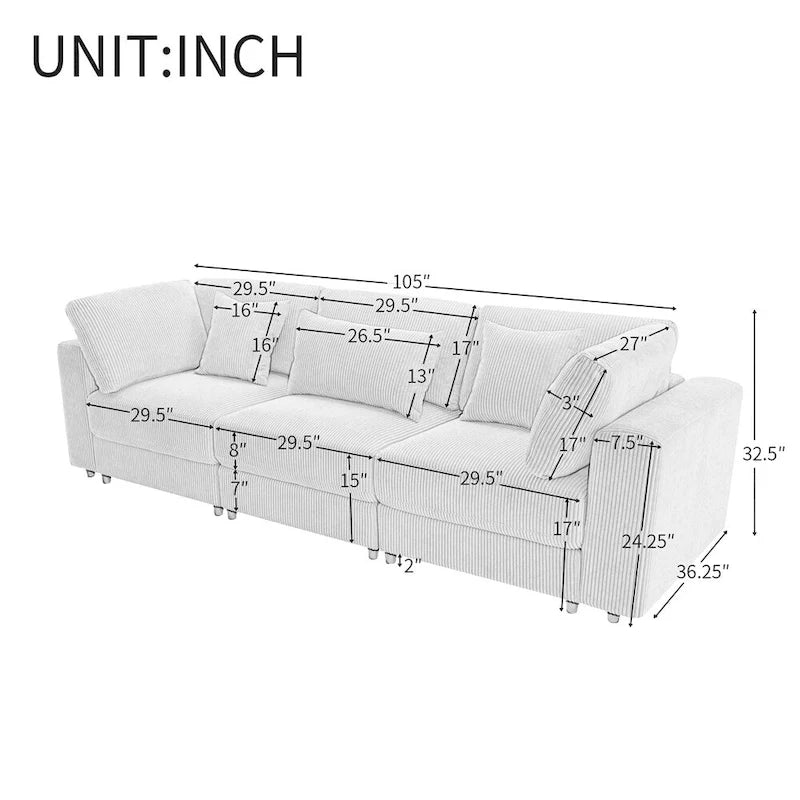 105" Corduroy 3-Seater Sofa with Removable Cushions and Throw Pillows