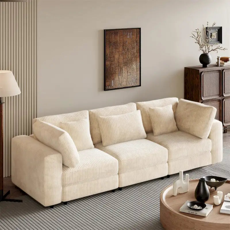 105" Corduroy 3-Seater Sofa with Removable Cushions and Throw Pillows