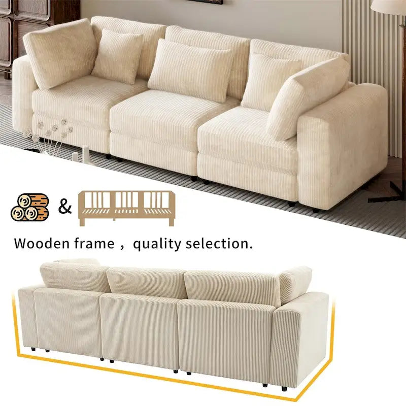105" Corduroy 3-Seater Sofa with Removable Cushions and Throw Pillows