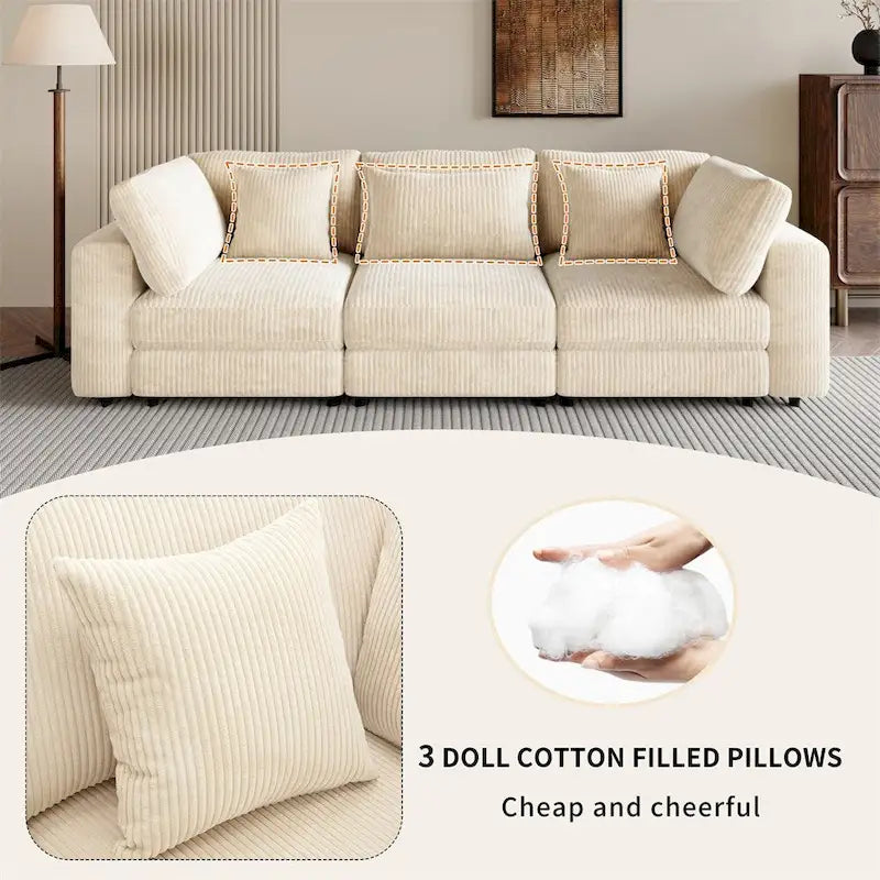 105" Corduroy 3-Seater Sofa with Removable Cushions and Throw Pillows