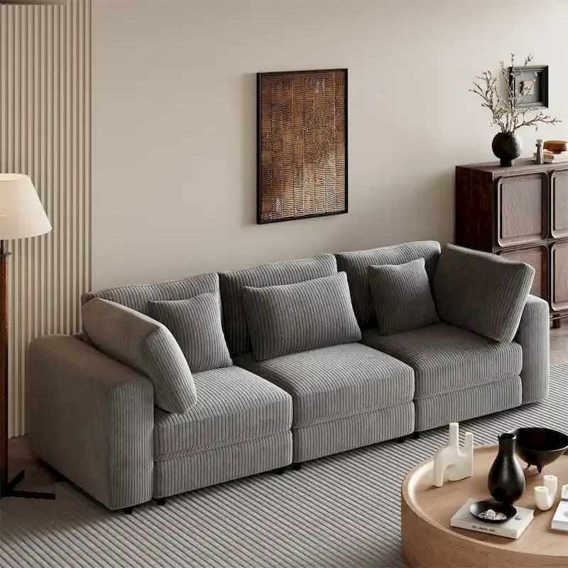 105" Corduroy 3-Seater Sofa with Removable Cushions and Throw Pillows