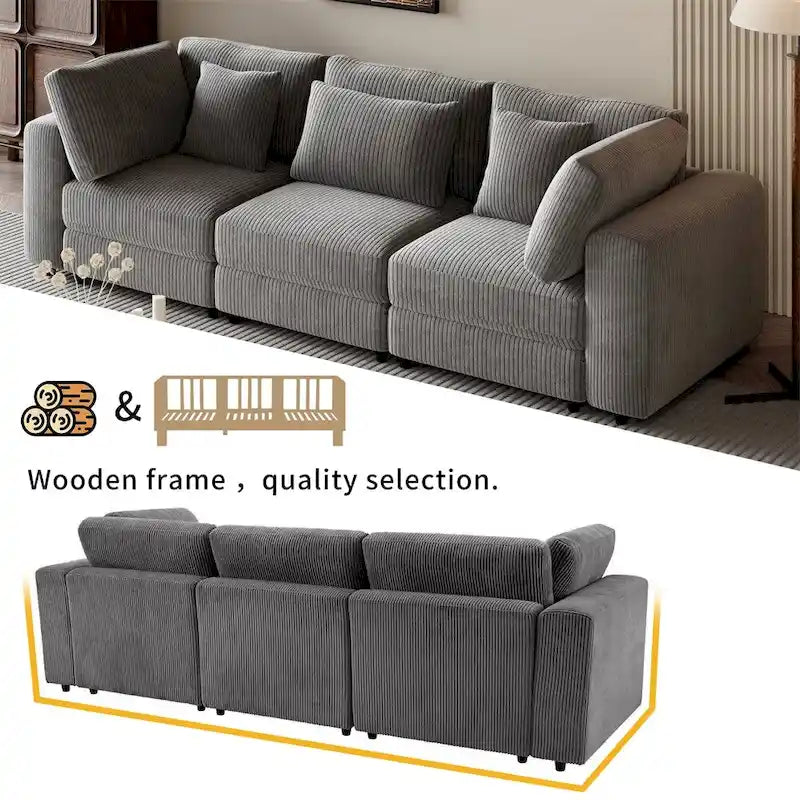 105" Corduroy 3-Seater Sofa with Removable Cushions and Throw Pillows