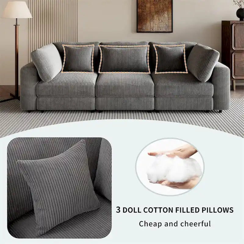 105" Corduroy 3-Seater Sofa with Removable Cushions and Throw Pillows