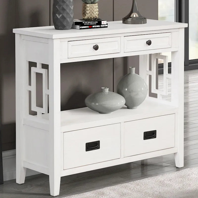 Consolle in stile farmhouse con 4 cassetti e ripiano contenitore aperto