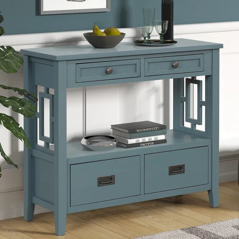 Farmhouse Console Table with 4 Drawers and Open Storage Shelf