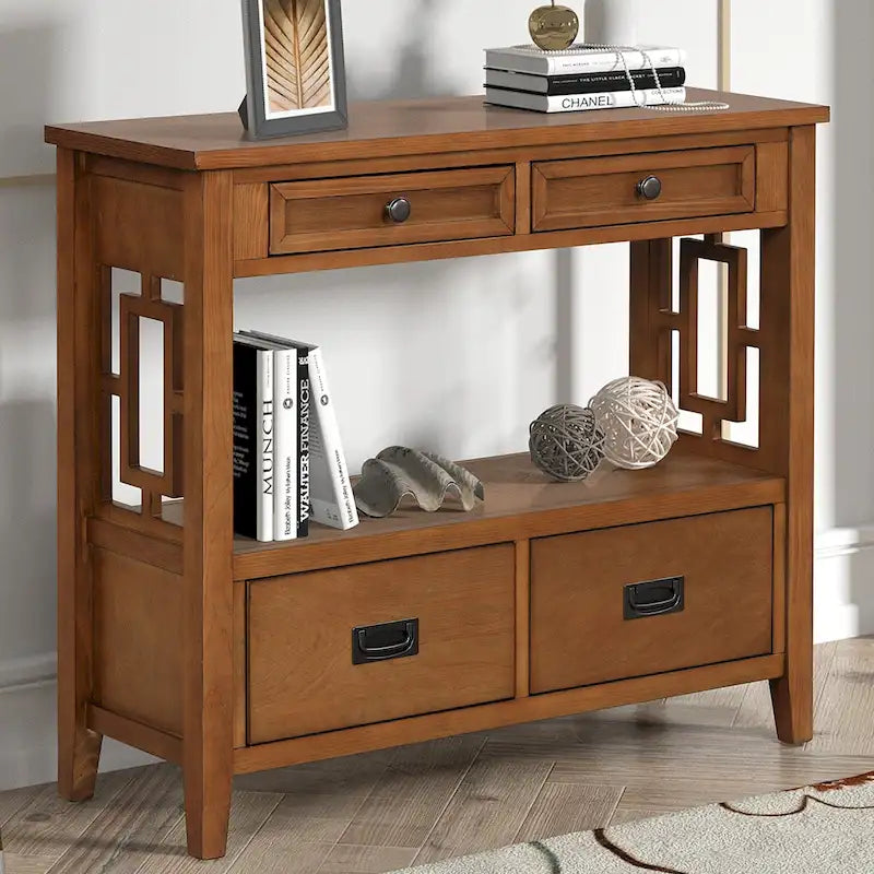 Farmhouse Console Table with 4 Drawers and Open Storage Shelf