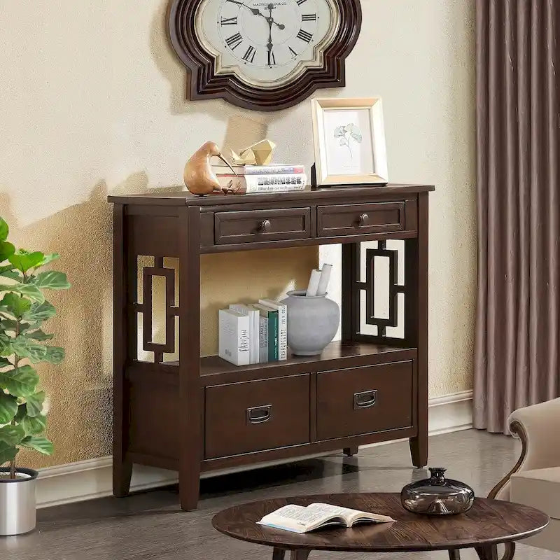 Farmhouse Console Table with 4 Drawers and Open Storage Shelf