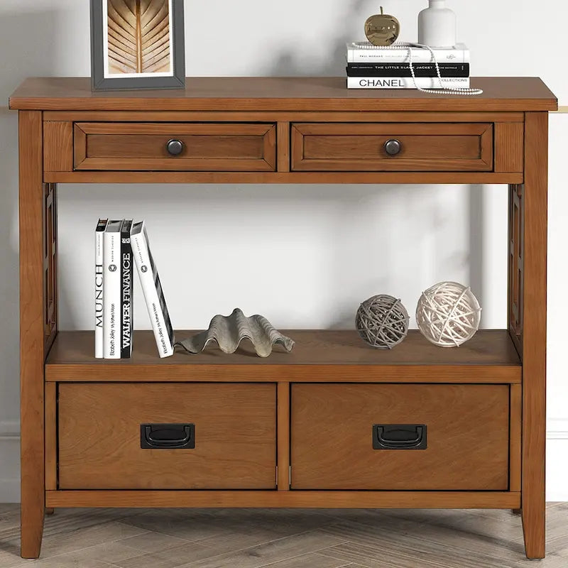 Farmhouse Console Table with 4 Drawers and Open Storage Shelf
