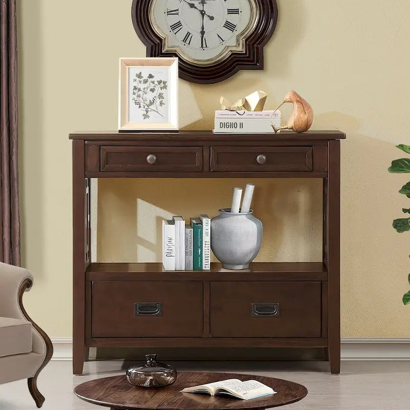 Farmhouse Console Table with 4 Drawers and Open Storage Shelf