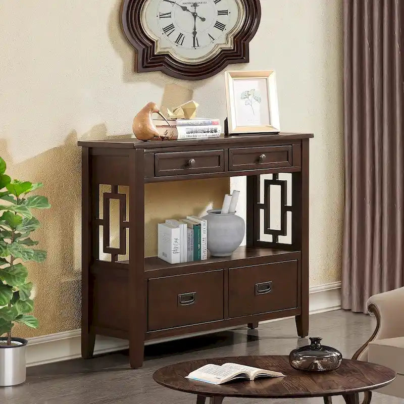 Consolle in stile farmhouse con 4 cassetti e ripiano contenitore aperto