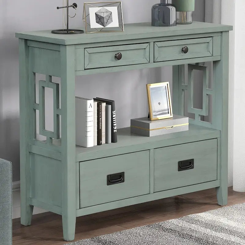 Consolle in stile farmhouse con 4 cassetti e ripiano contenitore aperto
