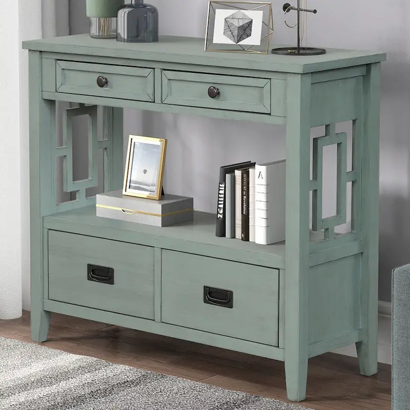 Consolle in stile farmhouse con 4 cassetti e ripiano contenitore aperto
