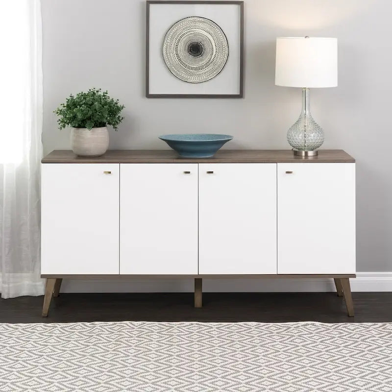 Credenza e buffet moderno di metà secolo a 4 ante con ripiani regolabili