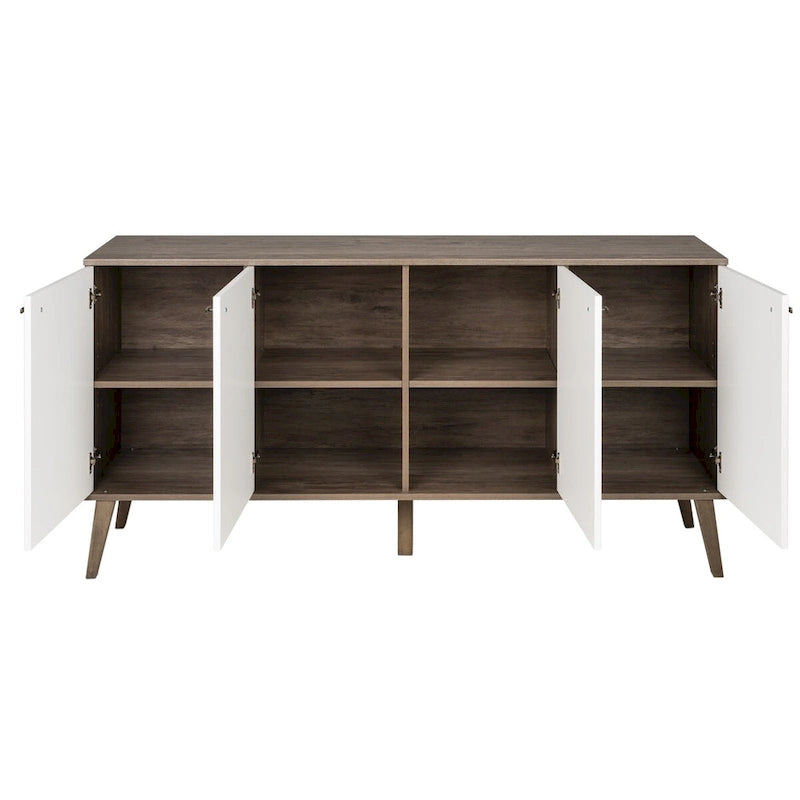 Credenza e buffet moderno di metà secolo a 4 ante con ripiani regolabili