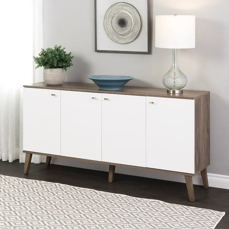 Credenza e buffet moderno di metà secolo a 4 ante con ripiani regolabili