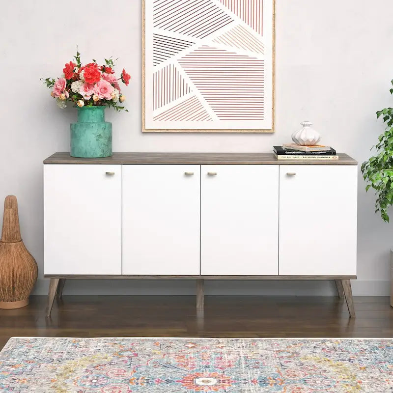 Credenza e buffet moderno di metà secolo a 4 ante con ripiani regolabili