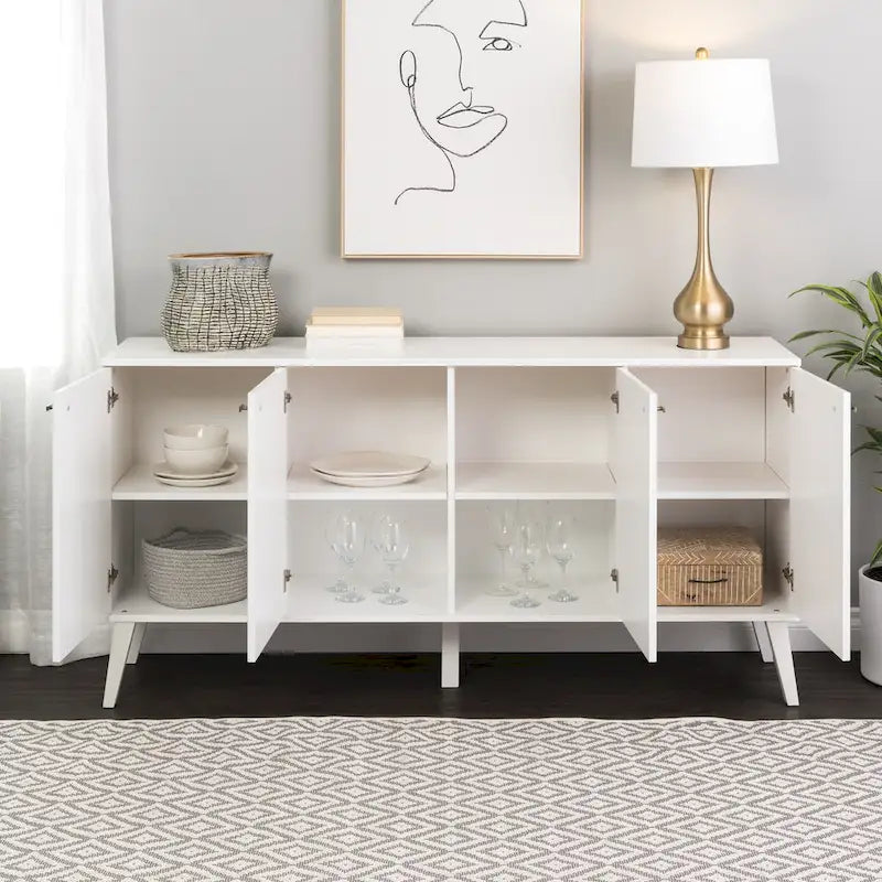 Credenza e buffet moderno di metà secolo a 4 ante con ripiani regolabili