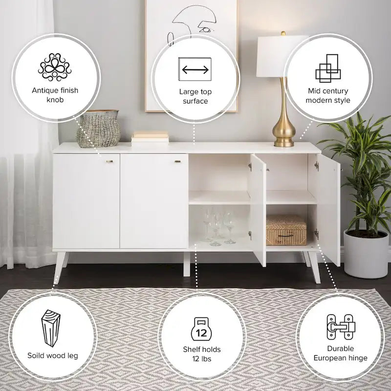 Credenza e buffet moderno di metà secolo a 4 ante con ripiani regolabili