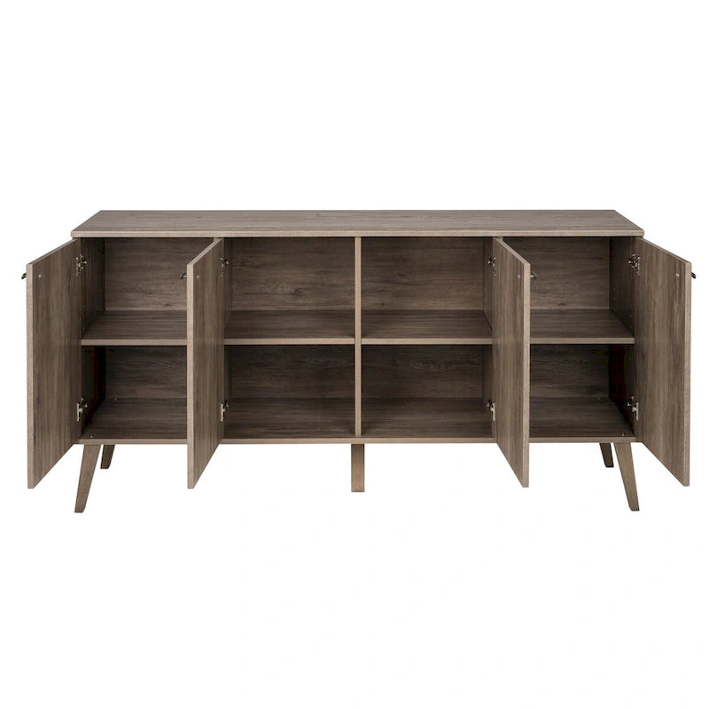 Credenza e buffet moderno di metà secolo a 4 ante con ripiani regolabili