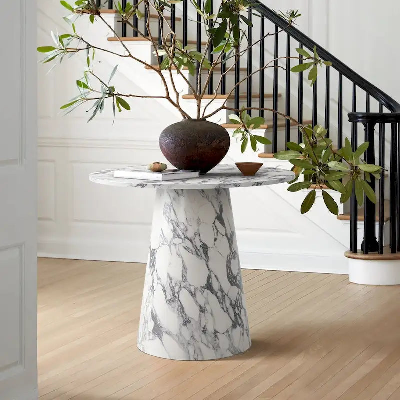 Table de salle à manger ronde de 35" avec piètement central en faux marbre pour petits espaces