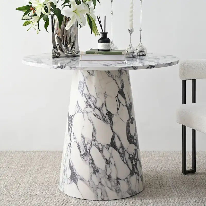 Table de salle à manger ronde de 35" avec piètement central en faux marbre pour petits espaces