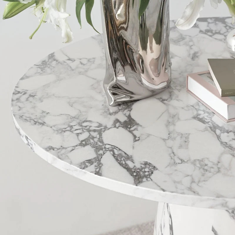 Table de salle à manger ronde de 35" avec piètement central en faux marbre pour petits espaces